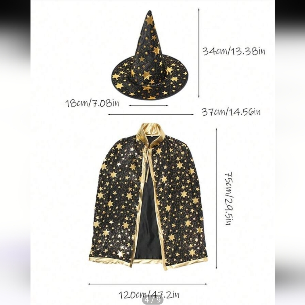 Fast Shipping Black Hat& Cloak w Gold Stars. Wizzard /Witch One Size Child - Picture 2 of 7
